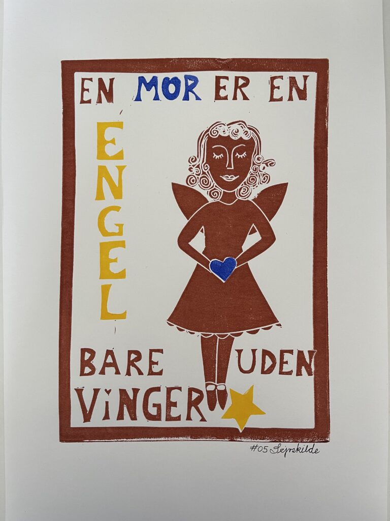 Mor - brun, gul og blå